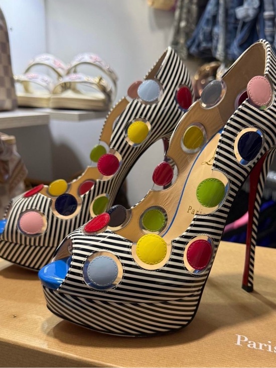 Christian Louboutin Shoes - Christian Louboutin Black & White Striped Peep-Toe Heels with Multicolor Dots